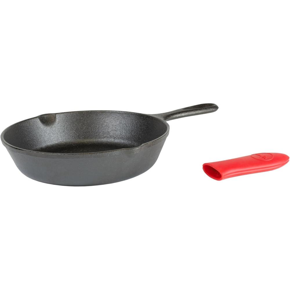 imageLodge Cast Iron Skillet with Red Mini Silicone Hot Handle Holder 8inch8 Inch