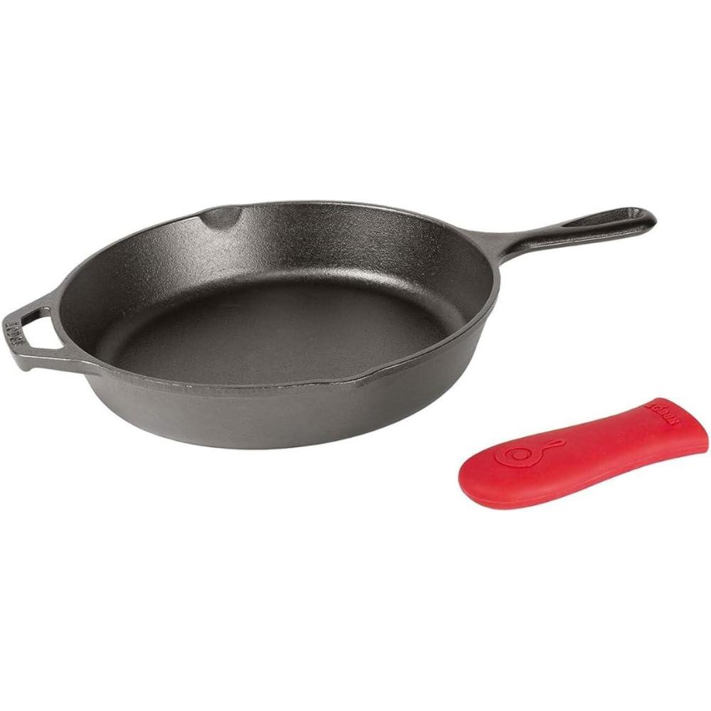 imageLodge Cast Iron Skillet with Red Silicone Hot Handle Holder 1025inch