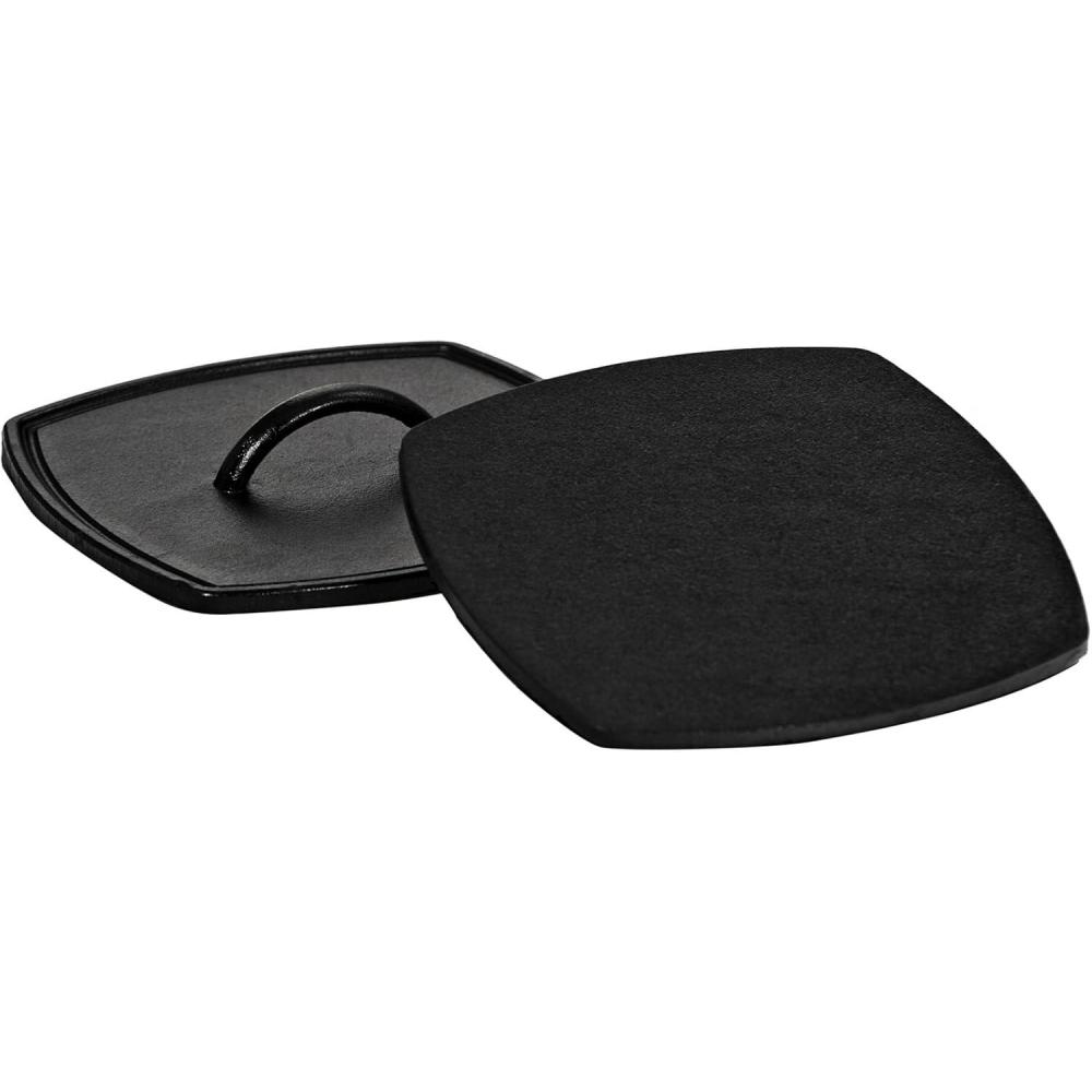 imageLodge PreSeasoned Round Cast Iron Press Cast Iron Griddle Press for a RestaurantQuality Sear Unparalleled Heat Retention Use on the Stove or the Grill 625 Inch825 inch