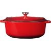 Lodge 7 Quart Enameled Cast Iron Oval Dutch Oven with Lid – Dual Handles – Oven Safe up to 500° F or on Stovetop – Use to Marinate, Cook, Bake, Refrigerate and Serve – Oyster White(Red)
